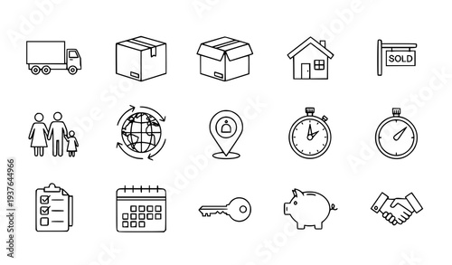 A set of line art icons representing various aspects of real estate and business