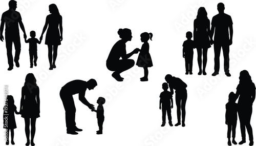 Black silhouette family interaction set showing parents and children walking, caring mother, father teaching son, parenting lifestyle vector illustration