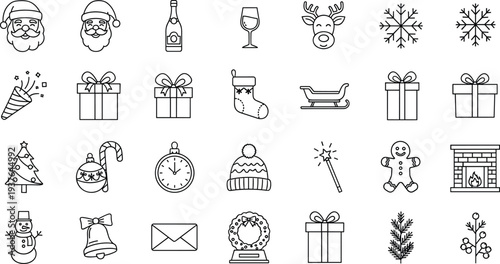 Christmas holiday line icon set with Santa, gift box, snowflake, sleigh, gingerbread man, wreath and festive winter symbols vector illustration