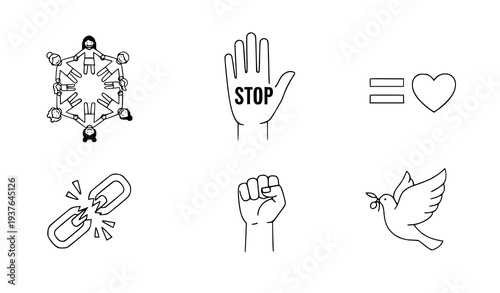 A set of six minimalist line art icons representing peace and unity