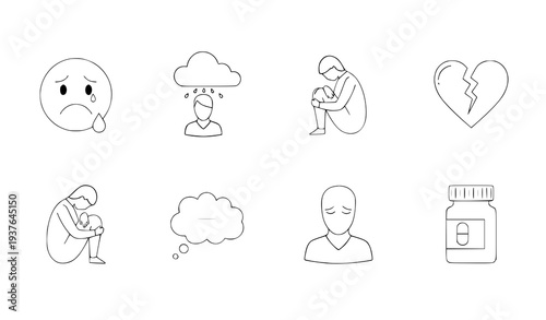 A set of minimalist line art illustrations depicting various emotions and mental health concepts
