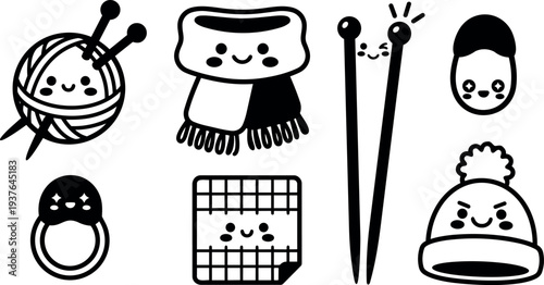 Kawaii line art vector icons of knitting supplies with smiling faces close up flat black and white minimalist friendly mood