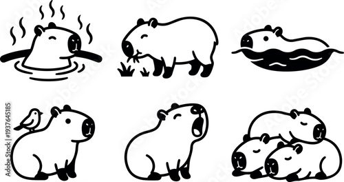 Flat line art capybara icons set six poses bathing grazing swimming with bird yawning and resting simple mascot vector illustration
