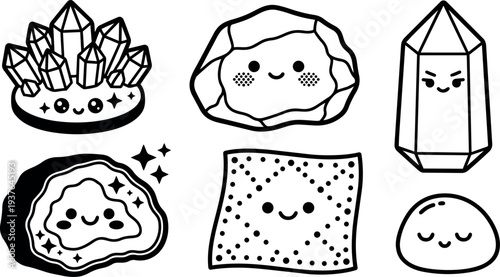 Kawaii line art geode and crystal icons with smiling faces assorted flat vector stickers isolated bold outline hand drawn playful