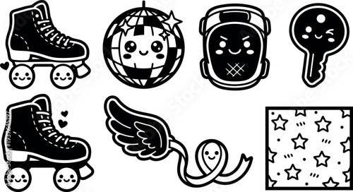 Flat kawaii sticker sheet showing smiling roller skates disco ball helmet key wing ribbon and star pattern icons close up