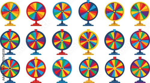 Colorful Prize Spinner Wheel Collection for Carnival Game Show Lucky Draw Contest Casino Promotion and Random Decision Vector Illustration.