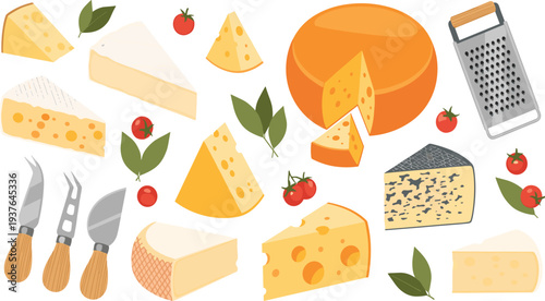 Cheese and Dairy Vector Icon Set Featuring Cheddar, Swiss, Parmesan, Cheese Wheel, Grater, and Gourmet Dairy Food Ingredients