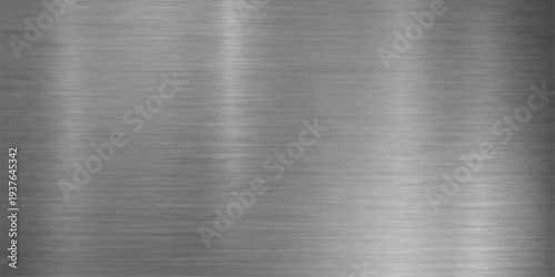 A high-quality industrial brushed metal plate texture featuring a smooth polished stainless steel surface with a shiny silver metallic pattern on a grey aluminum material sheet