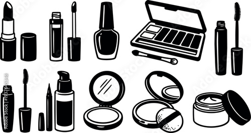 Flat design top view vector of makeup set with lipstick mascara eyeshadow palette compact powder and mirror in stark monochrome