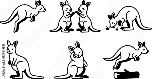 Line art kangaroo icon set showing multiple poses including hopping grooming and pair interaction with playful mood minimalism vector illustration