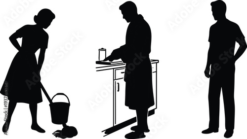 Black silhouette people daily home routine including woman mopping floor, man cooking in kitchen, standing male figure lifestyle vector