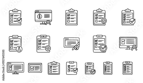 A set of line art icons depicting various checklist and clipboard designs