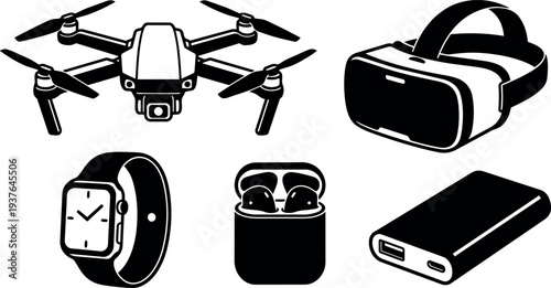 Flat design assorted tech gadget icons showing drone vr headset smartwatch earbuds and power bank in bold minimal silhouette layout