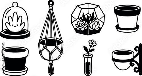 Line art vector set showing smiling terrarium hanging macrame planter flower test tube and assorted empty plant pots close up