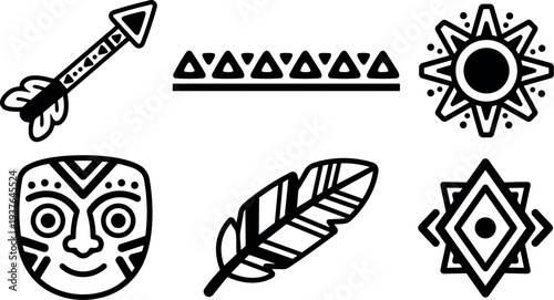 Flat vector tribal line icons set arrow feather mask sun geometric border ornamental elements for branding print decor logo sticker