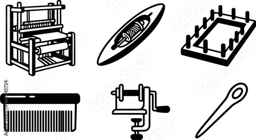 Flat line art vector icons of traditional loom shuttle bobbin weaving comb needle warp heddle beater clamp close up top