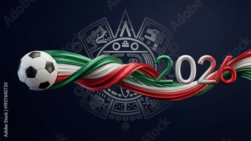 dynamic soccer ball with waving ribbons of the mexican flag on a dark background with an aztec calendar and number 2026. modern illustration of a global sports event.