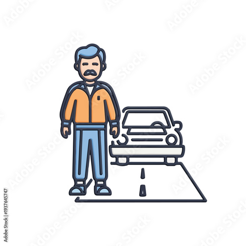 Man Standing Next to Vehicle on Roadway Illustration
