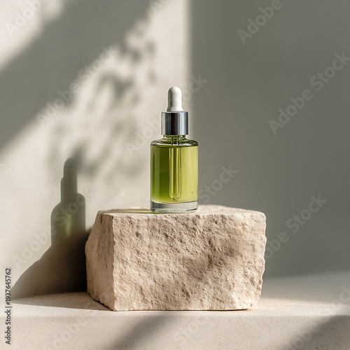 A dropper bottle of aloe vera extract on a stone pedestal