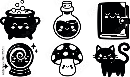 Kawaii flat vector witchy icons set smiling cauldron potion bottle grimoire crystal ball mushroom and winking cute black cat minimal