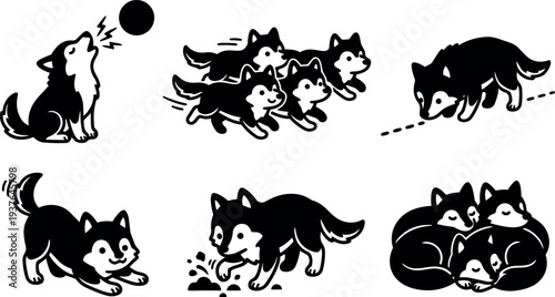 Flat design set of playful husky puppies in multiple poses howling running sniffing digging and sleeping in black silhouette vector