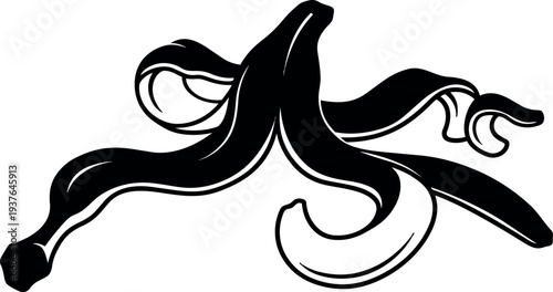 Minimalist line art banana peel close up vector illustration top down view isolated bold black strokes playful edgy flat icon