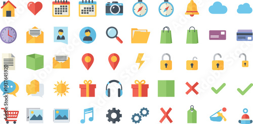 Colorful user interface icon set with home, calendar, camera, notification bell, folder, shopping cart and multimedia symbols vector illustration