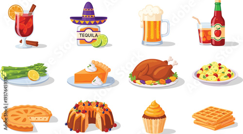 Mexican Cuisine and Drinks Vector Set with Tequila, Beer, Chicken, Pie, Waffles, and More for Food Designs