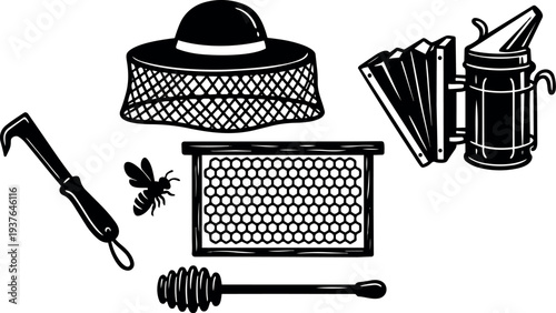 Line art beekeeping set showing beekeeper hat veil hive frame honeycomb bee smoker hive tool honey dipper single bee