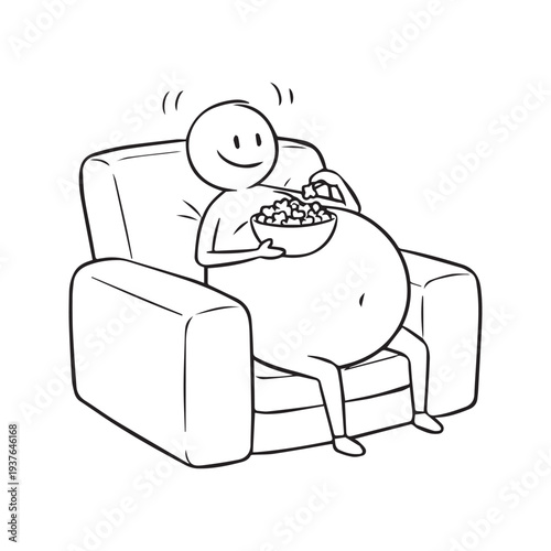 Stick Figure with Large Belly Sitting in Armchair Eating Snacks - Funny Cartoon Illustration of Overeating and Relaxation
