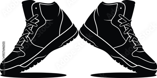 Hiking boots silhouette pair isolated, rugged outdoor trekking footwear, lace up adventure shoes, camping hiking equipment vector illustration