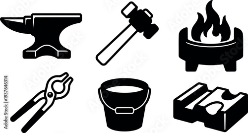 Flat design close up blacksmith tools set anvil hammer forge tongs bucket metal mold in bold silhouette simple icon set