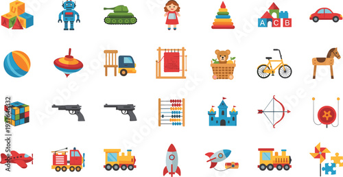 Kids Toys and Playtime Icon Set with Robot Tank Doll Blocks Bicycle Train Rocket and Childhood Game Vector Illustration.