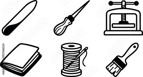 Line art flat design close up bookbinding tools bone folder awl hand press folded paper spool needle brush set icons