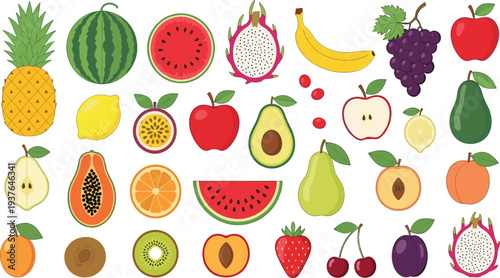 Colorful Fresh Fruit Vector Set Featuring Watermelon, Pineapple, Banana, Apple, Avocado, Citrus, Berries, and Tropical Healthy Food Collection