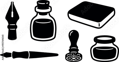 Flat design close up vintage writing tools pen nib inkwell blotter stamp and dip pen set on white minimalist icons