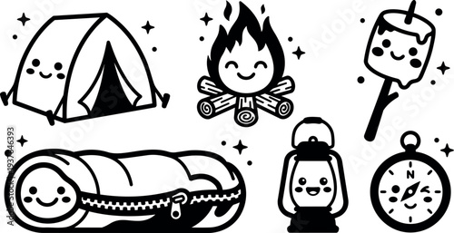 Line art kawaii camping icons set smiling tent and sleeping bag with smiling campfire lantern marshmallow on stick and compass