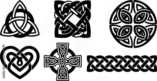 Line art celtic knot set close up six black and white interlaced symbols including trinity knot heart knot celtic cross ornamental