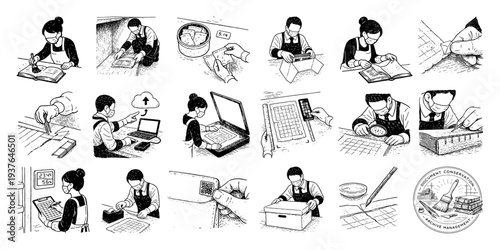 文書保存と修復作業のペン画イラストセット（清掃・記録・保管管理）、Document Conservation and Archive Management Pen Illustration Set (Cleaning, Recording, Storage)