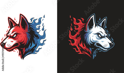 Two fierce wolf head illustrations with contrasting red and blue flame effects, one on a white background and the other on a dark background, showcasing aggressive mascot designs.