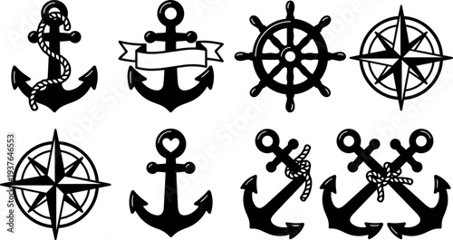 Flat design nautical icon set anchors ship wheel compass simple black silhouettes arranged in two rows close up vector view