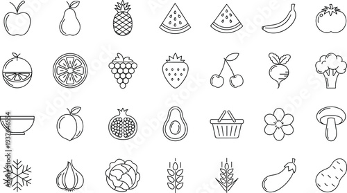 Fruits and vegetables outline icon set with apple, pear, pineapple, banana, grapes, broccoli and healthy food vector illustration