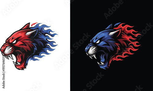 Aggressive flaming panther head mascot design in red and blue on contrasting backgrounds.