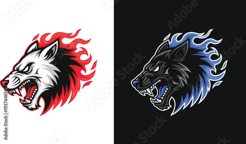 Two aggressive wolf mascot heads with fiery manes, one white with red flames and one black with blue flames, depicted in a fierce illustration style.
