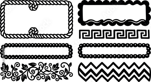 Line art vector ornamental frames and borders with rope knot scalloped bead greek key zigzag and floral flourish close up