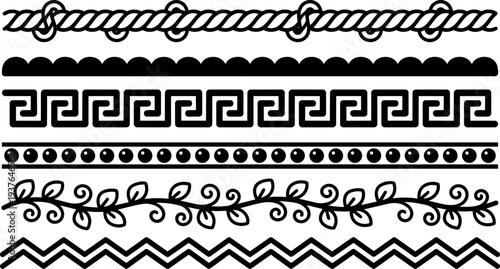 Vector decorative border set in flat design with greek key rope leaf scallop and zigzag patterns close up black outline