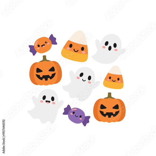 Halloween pumpkin set with ghost and witch cartoon icons