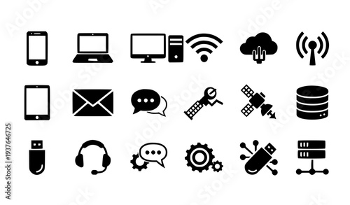 A set of modern technology icons in a flat minimal design style