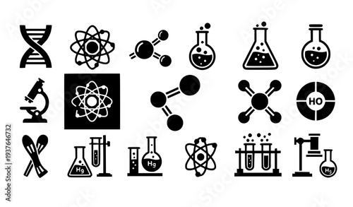 A set of black and white vector icons depicting various science and chemistry symbols
