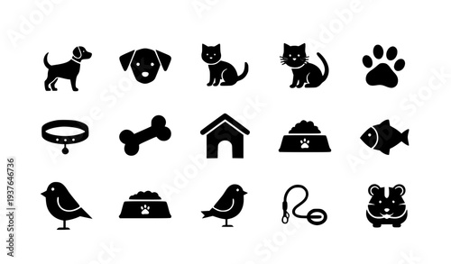 A set of black and white vector icons depicting various pets and pet accessories
